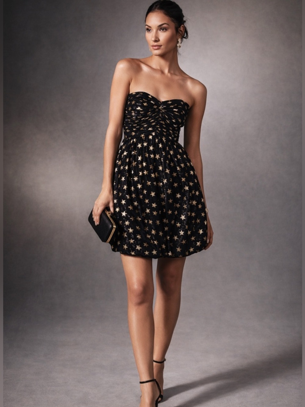 Shoshanna Silk Black Gold Star Strapless Bubble Mini Dress Y2K Party Sz 0